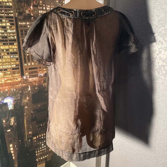 CECICO - sheer top: grey short ruffle sleeves, gold sequins & neck tie - L - Picture 15 of 16